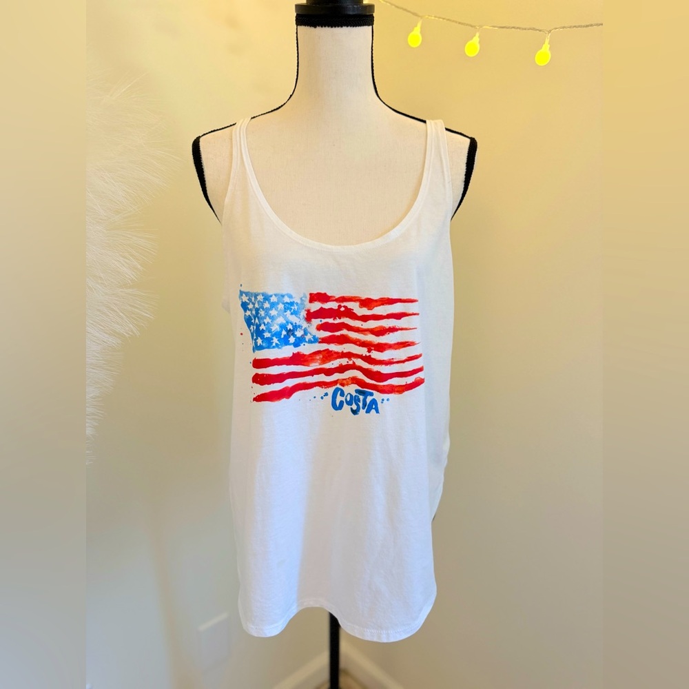 🌾 Costa White and Red‎ Sleeveless Relaxed Tank Top